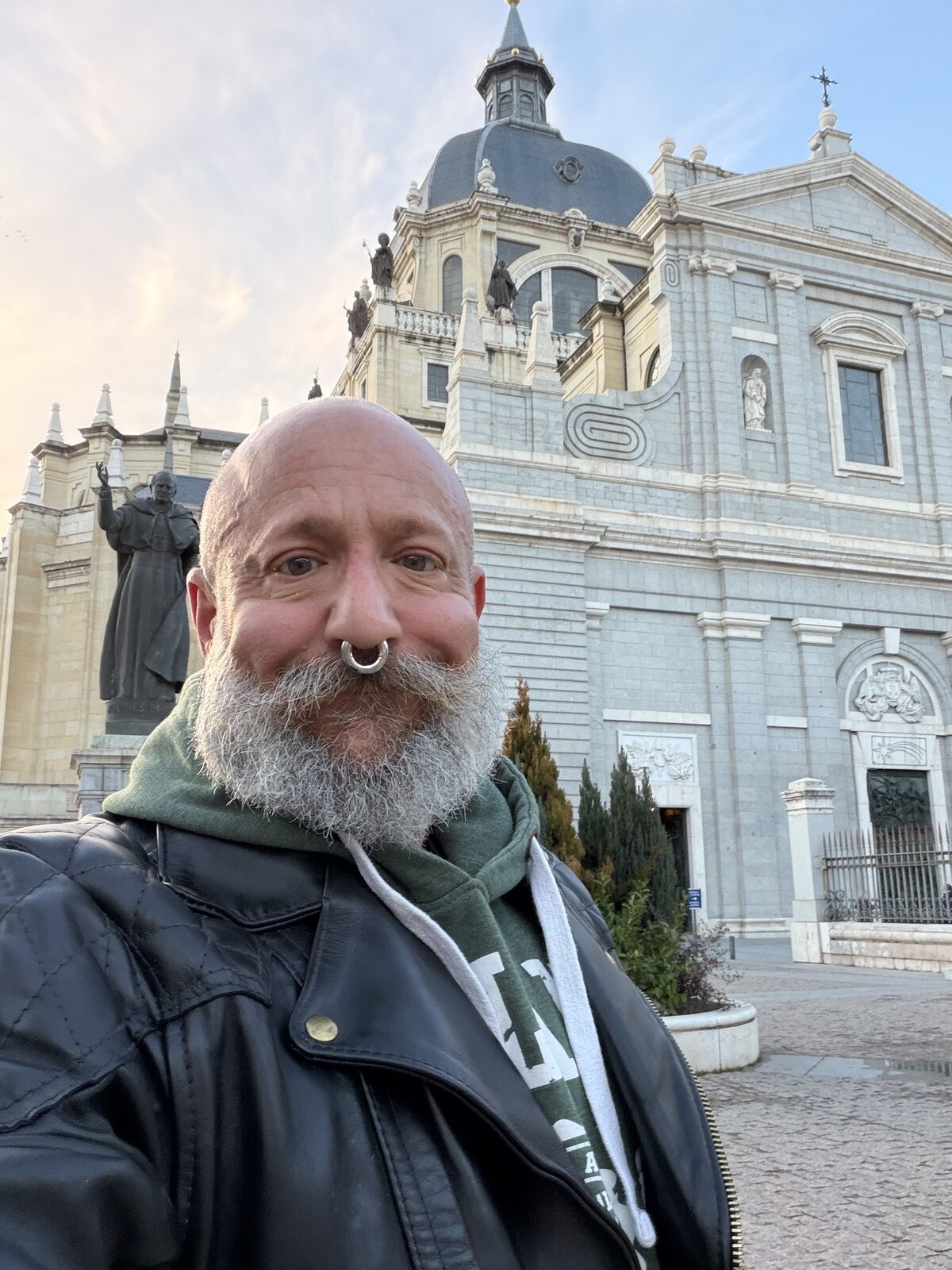 Barclay Barrios in front of a cathedral in Madrid, Spain.